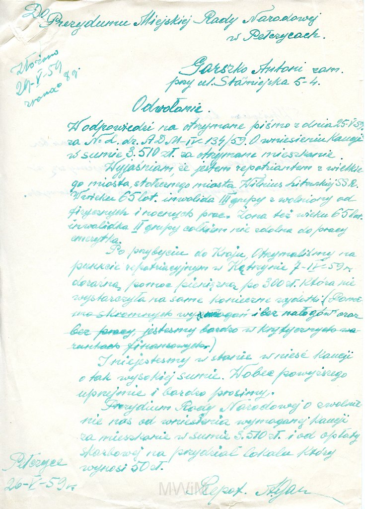 KKE 5873-2.jpg - Dok. Przydział mieszkaniowy wystawiony przez Prezydium Miejskiej Rady Narodowej dla Antoniego Graszko, Pełczyce, 25 V 1959 r. oraz Odwołanie Anntoniego Graszko w sprawie wniesienia Kaucji za nowo przydzielne mieszkanie, Pełczyce, 29 V 1959 r.